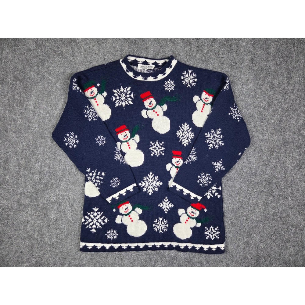 Vintage 90s Private Eyes Snowman Sweater Womens L Navy Ugly Christmas Knit USA